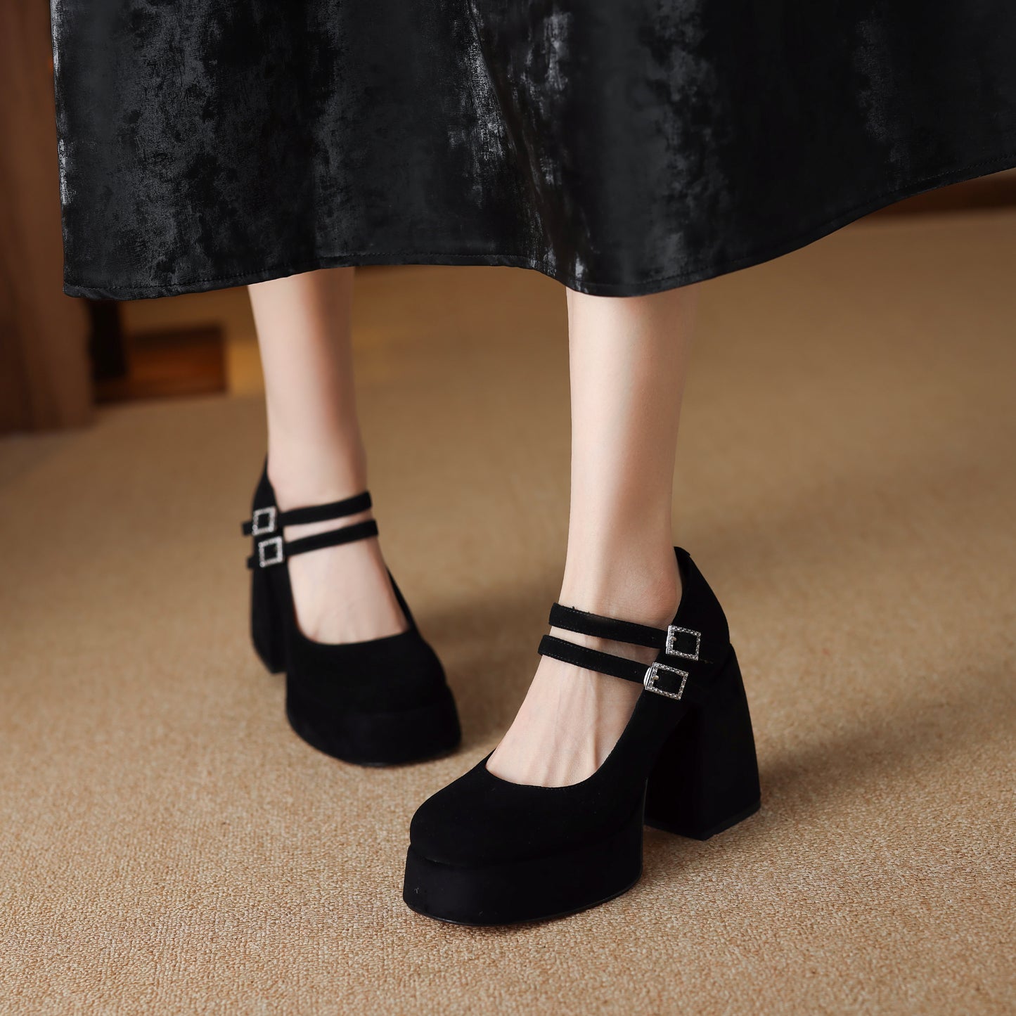 TinaCus Handmade Women's Patent/Suede Leather Double Buckle Square Toe High Block Heel Pumps