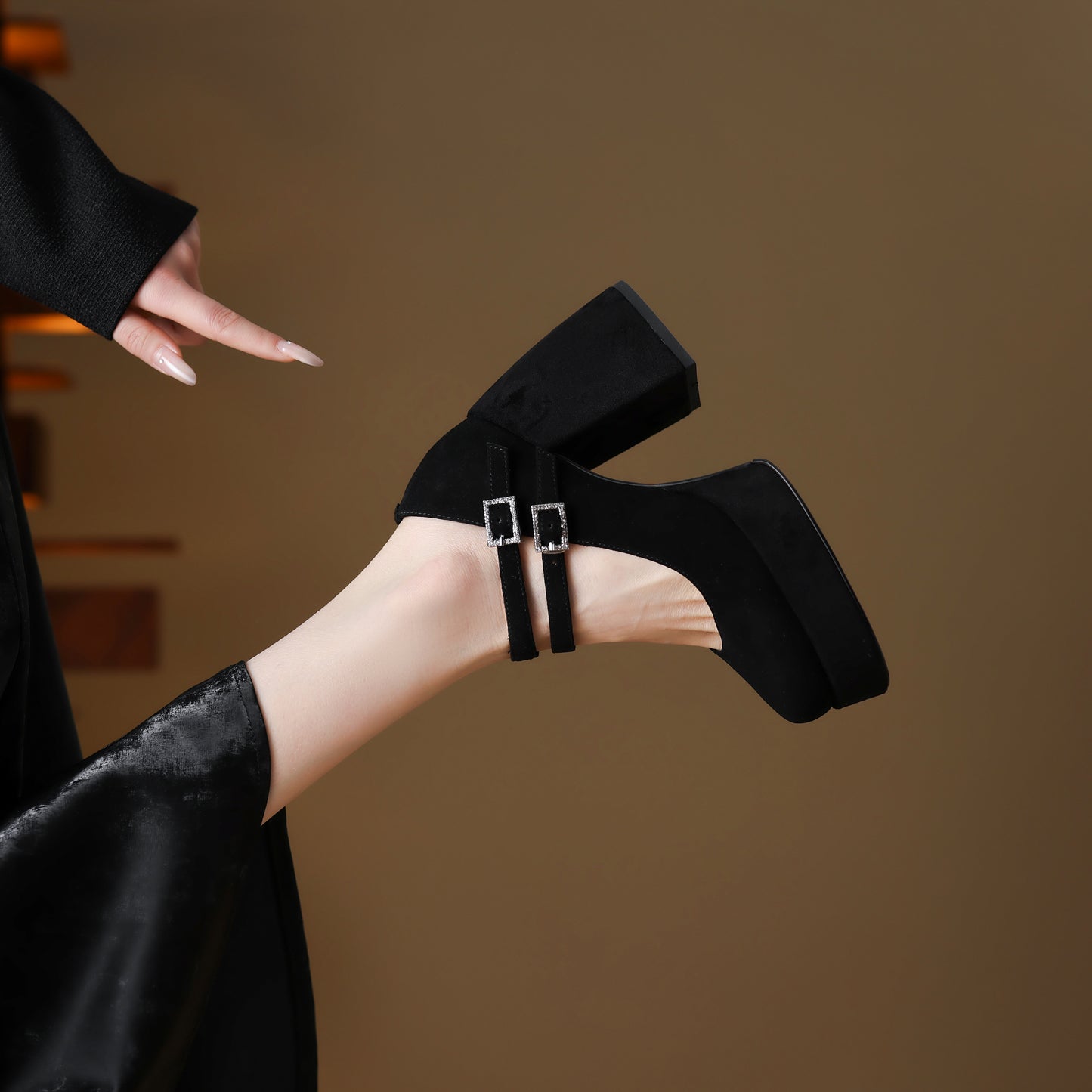 TinaCus Handmade Women's Patent/Suede Leather Double Buckle Square Toe High Block Heel Pumps