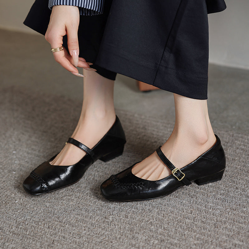 TinaCus Women's Square Toe Mary Jane Shoes Genuine Leather Handmade Slip On Adjustable Strap Flats Daily Casual