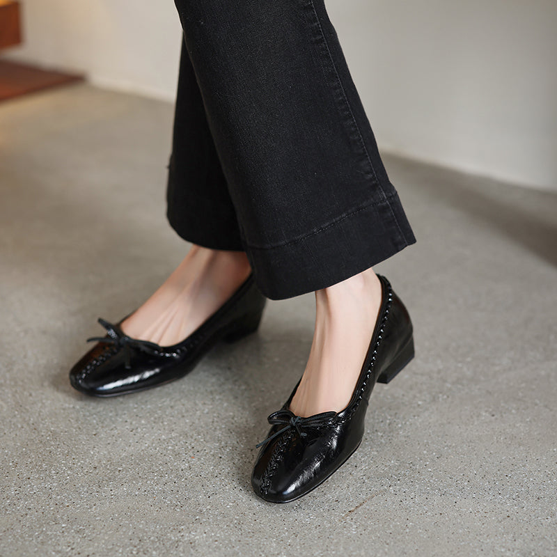 TinaCus Women's Ballet Flats Genuine Leather Handmade Square Toe Daily Casual Shoes with Bow