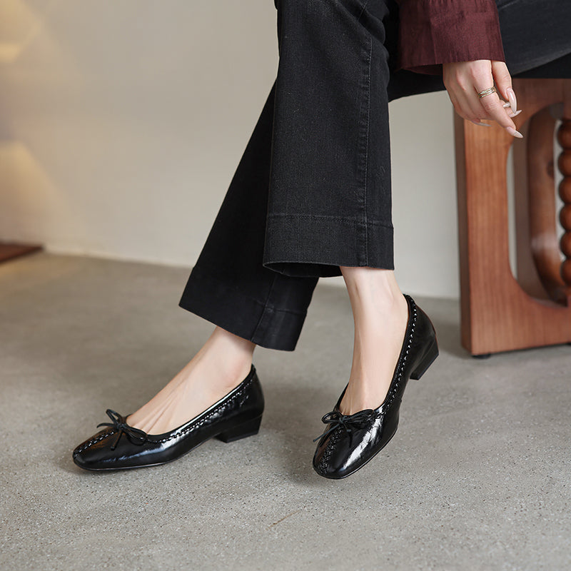 TinaCus Women's Ballet Flats Genuine Leather Handmade Square Toe Daily Casual Shoes with Bow