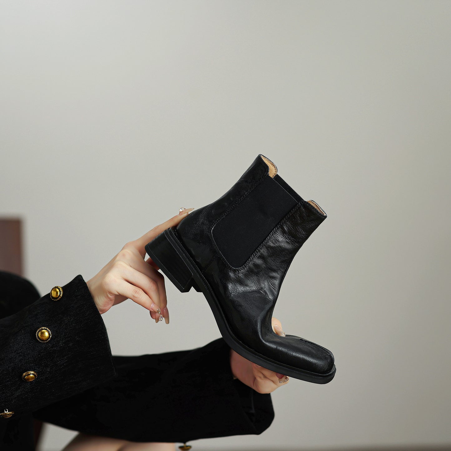 TinaCus Women's Chelsea Booties Handmade Genuine Leather Elastic Panel Square Toe Chunky Heel