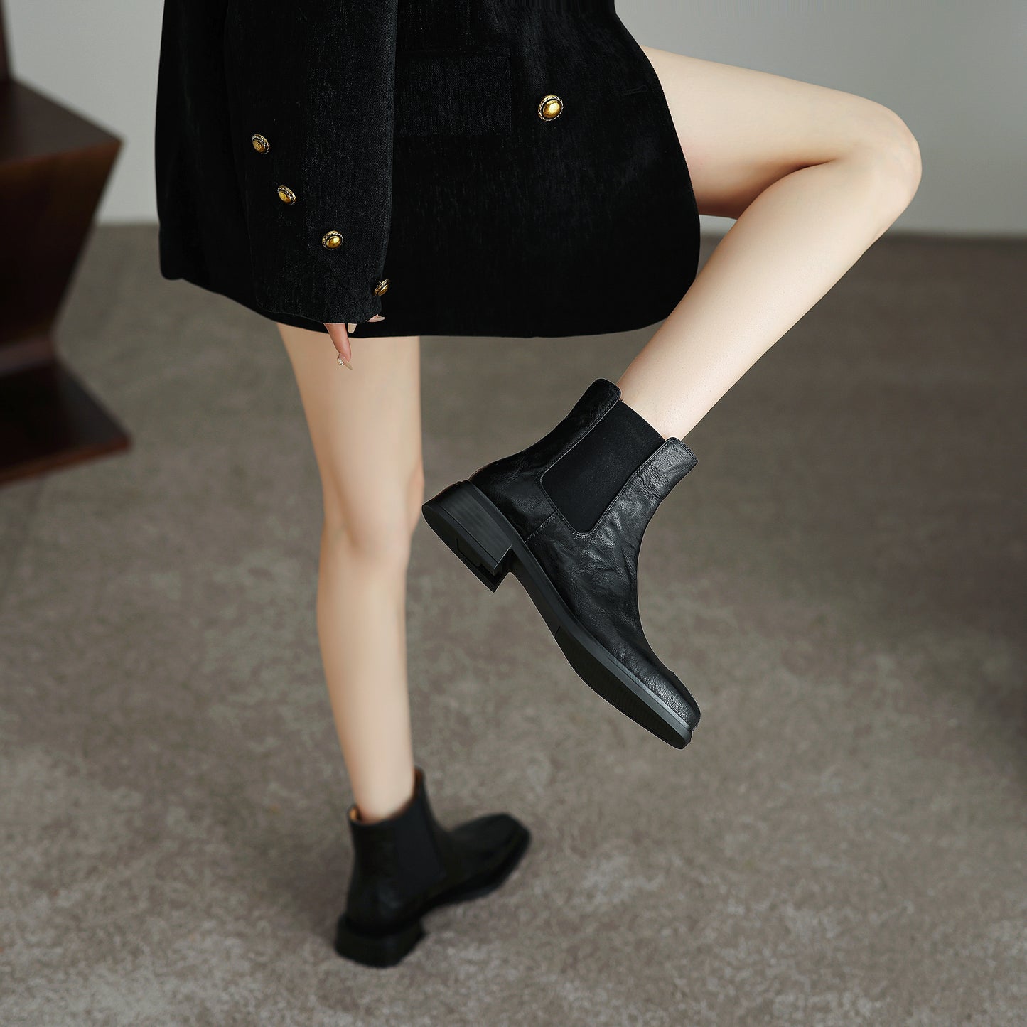 TinaCus Women's Chelsea Booties Handmade Genuine Leather Elastic Panel Square Toe Chunky Heel