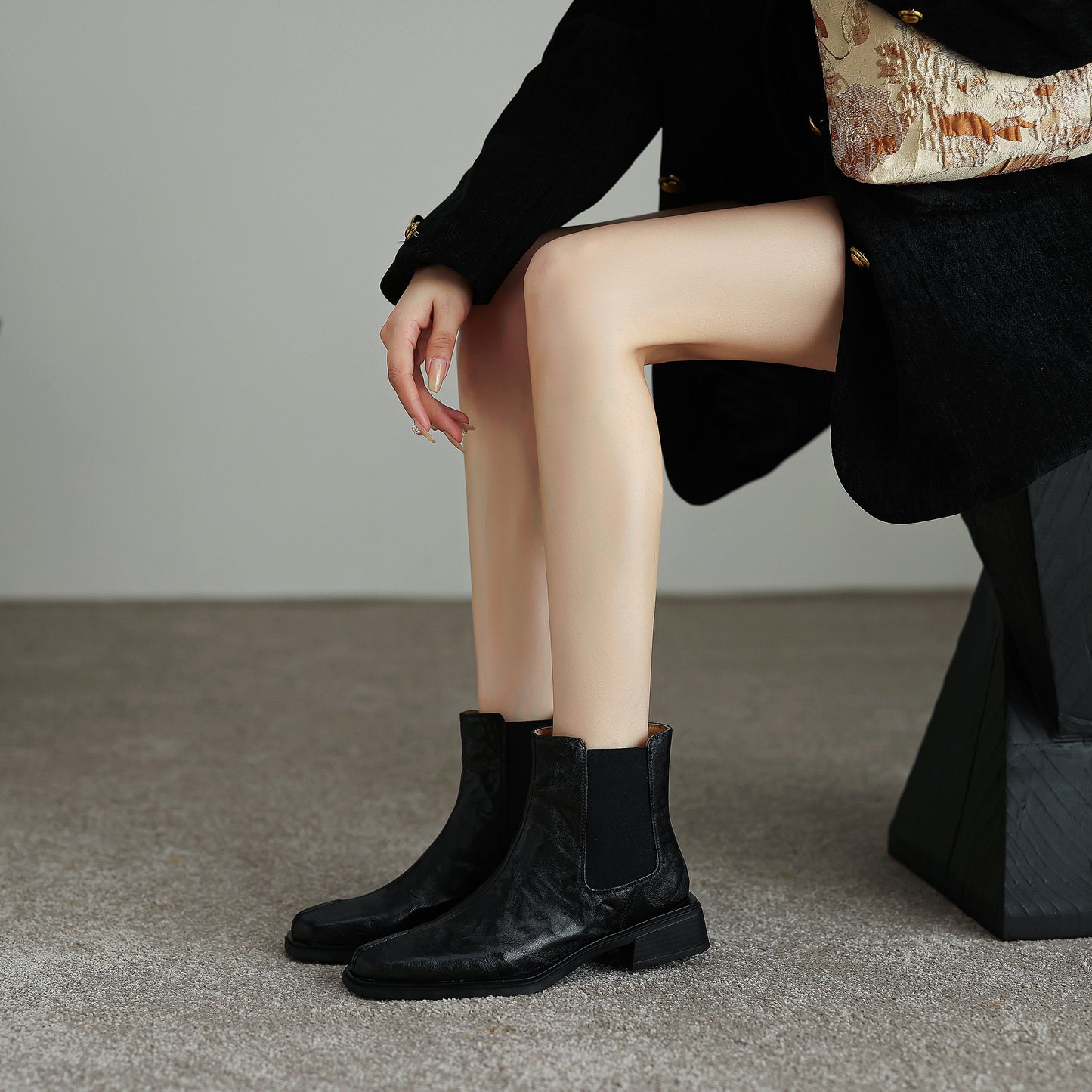 TinaCus Women's Chelsea Booties Handmade Genuine Leather Elastic Panel Square Toe Chunky Heel