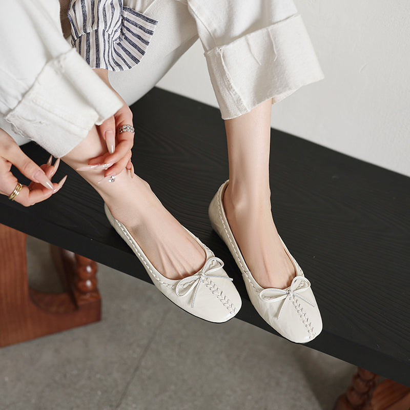TinaCus Women's Ballet Flats Genuine Leather Handmade Square Toe Daily Casual Shoes with Bow