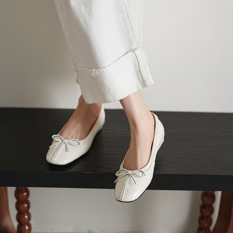 TinaCus Women's Ballet Flats Genuine Leather Handmade Square Toe Daily Casual Shoes with Bow