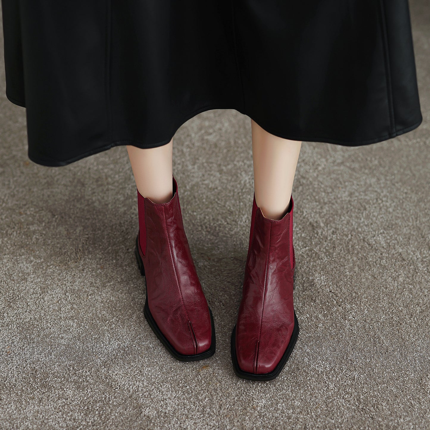 TinaCus Women's Chelsea Booties Handmade Genuine Leather Elastic Panel Square Toe Chunky Heel