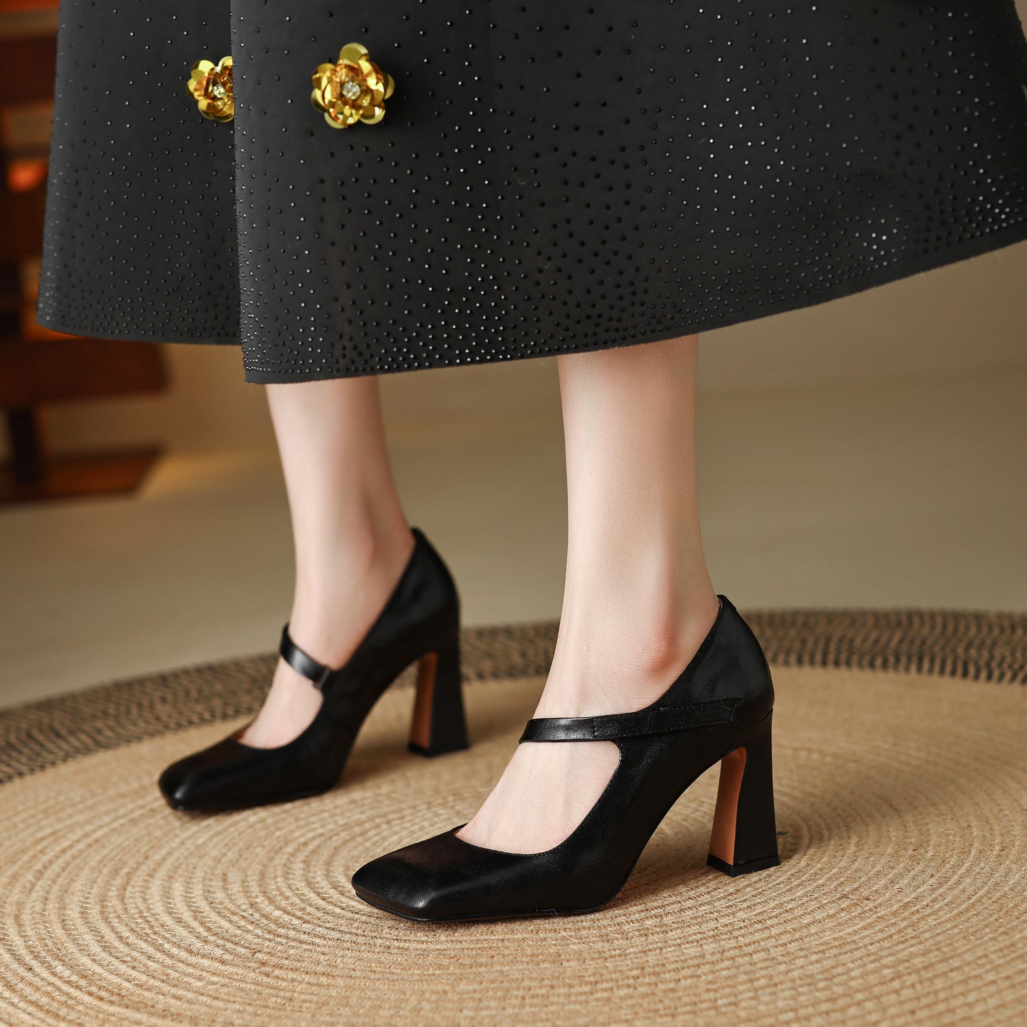 TinaCus Handmade Women's Genuine Leather Square Toe High Block Heel Slip On Mary Jane Pumps