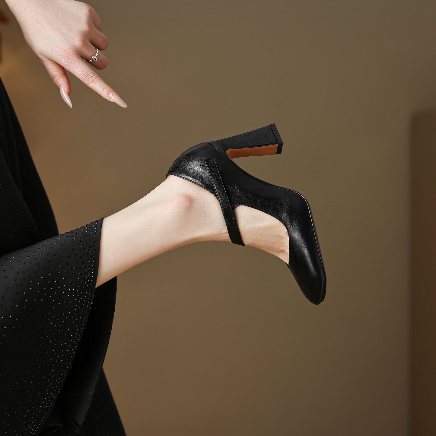 TinaCus Handmade Women's Genuine Leather Square Toe High Block Heel Slip On Mary Jane Pumps