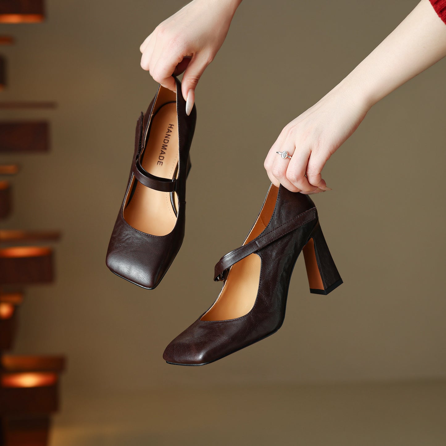 TinaCus Handmade Women's Genuine Leather Square Toe High Block Heel Slip On Mary Jane Pumps