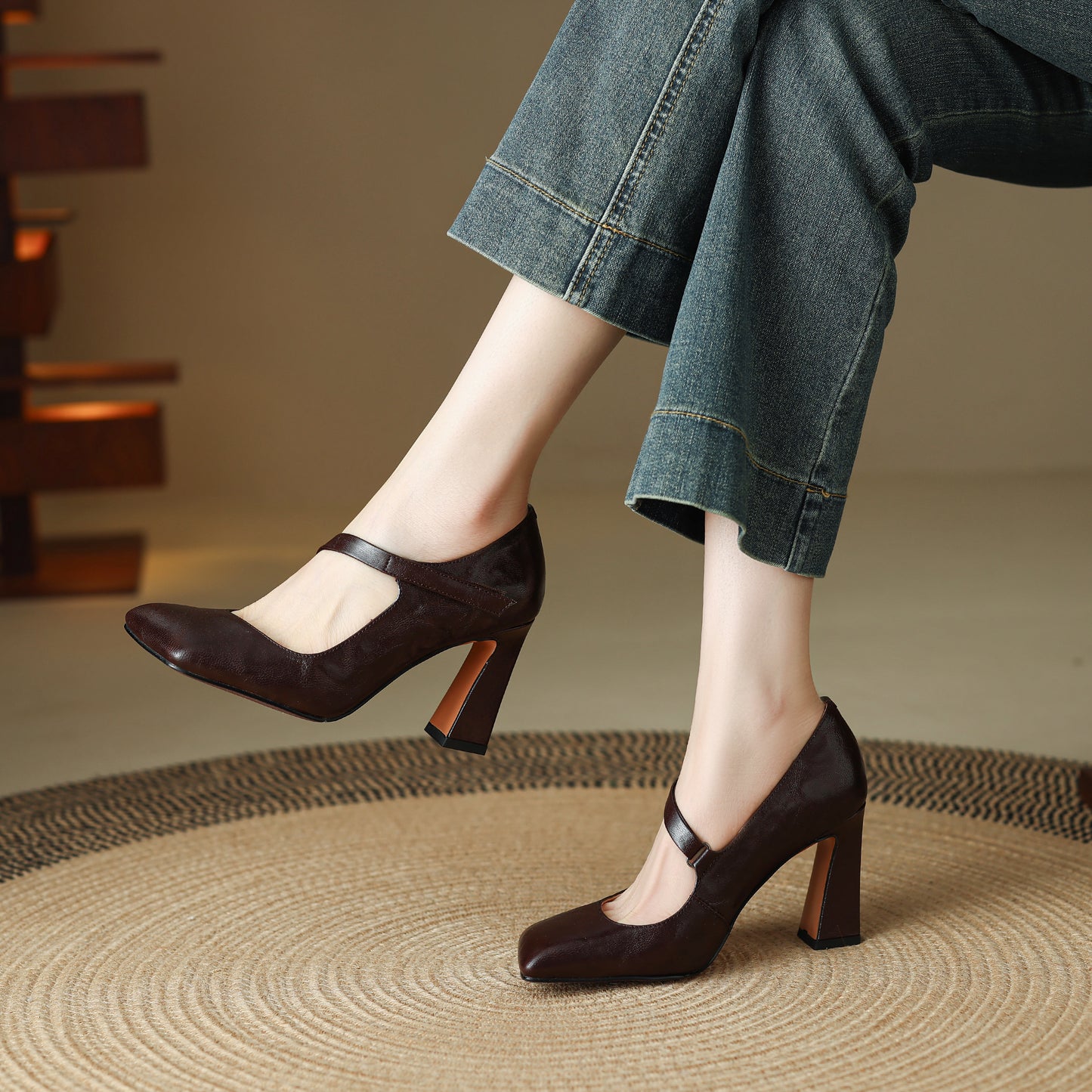 TinaCus Handmade Women's Genuine Leather Square Toe High Block Heel Slip On Mary Jane Pumps