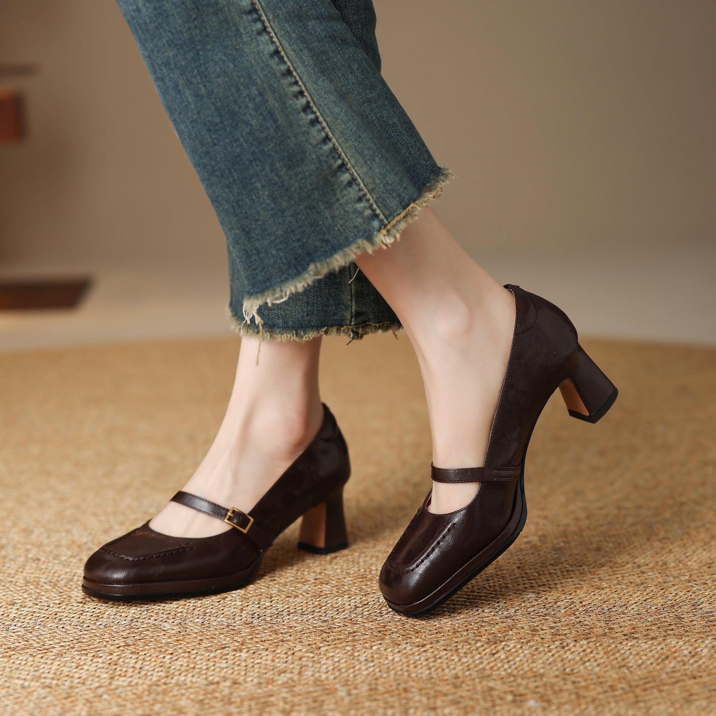 TinaCus Handmade Women's Genuine Leather Square Toe Mid Block Heel Mary Jane Shoes