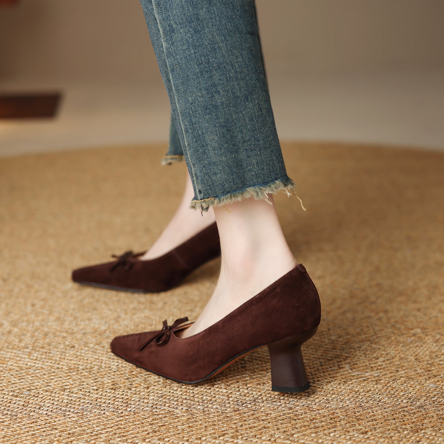 TinaCus Handmade Women's Suede Leather Pointed Toe Bowknot Slip on Chunky Heel Pumps Shoes