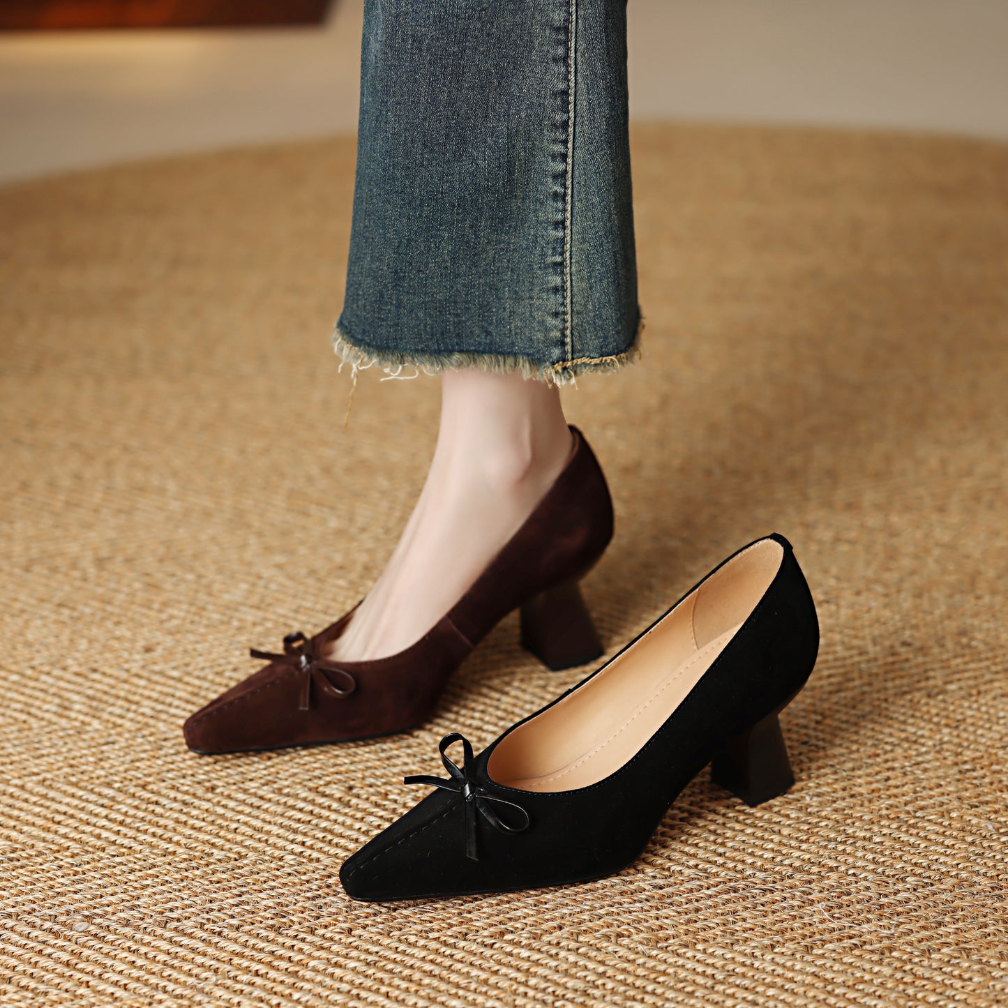 TinaCus Handmade Women's Suede Leather Pointed Toe Bowknot Slip on Chunky Heel Pumps Shoes