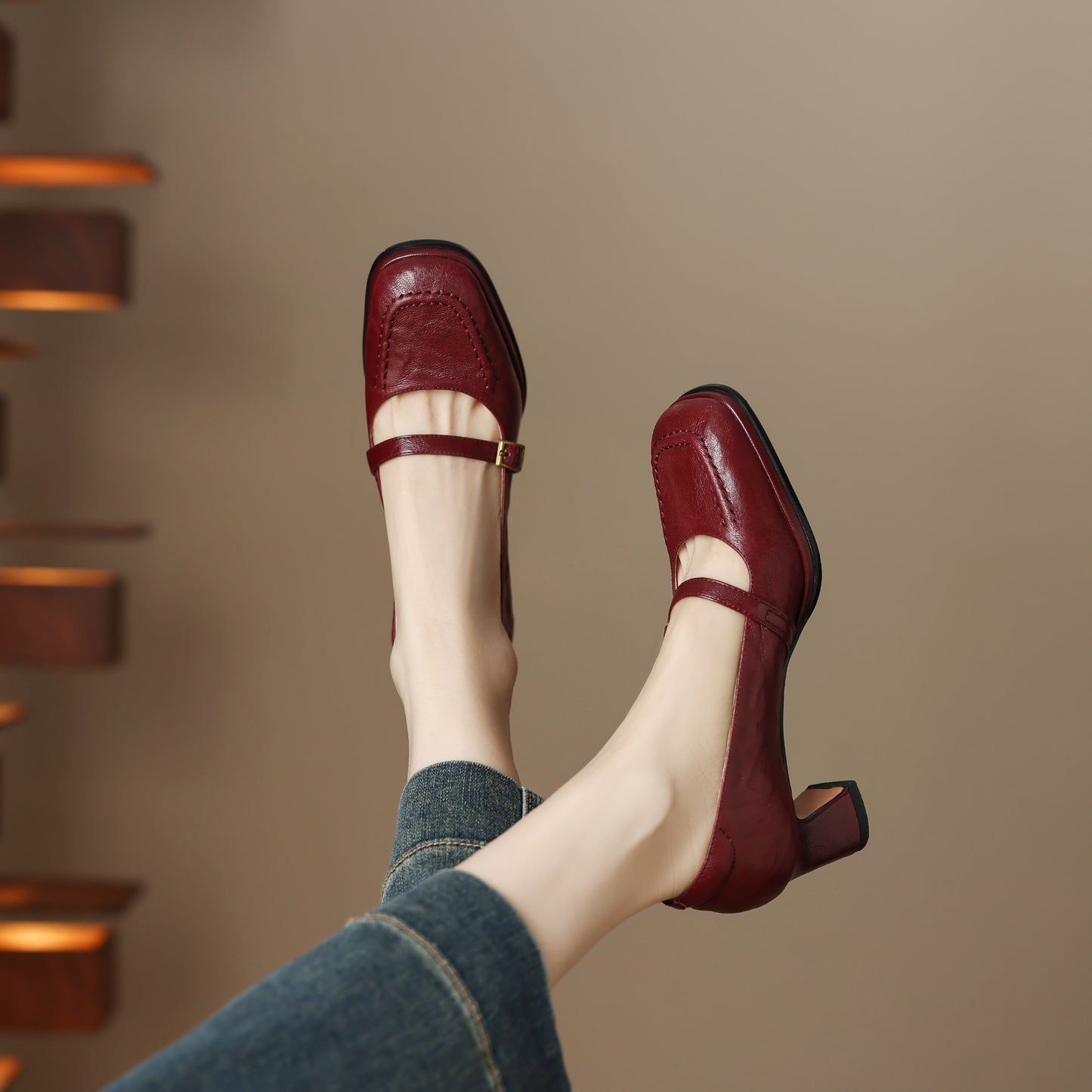 TinaCus Handmade Women's Genuine Leather Square Toe Mid Block Heel Mary Jane Shoes