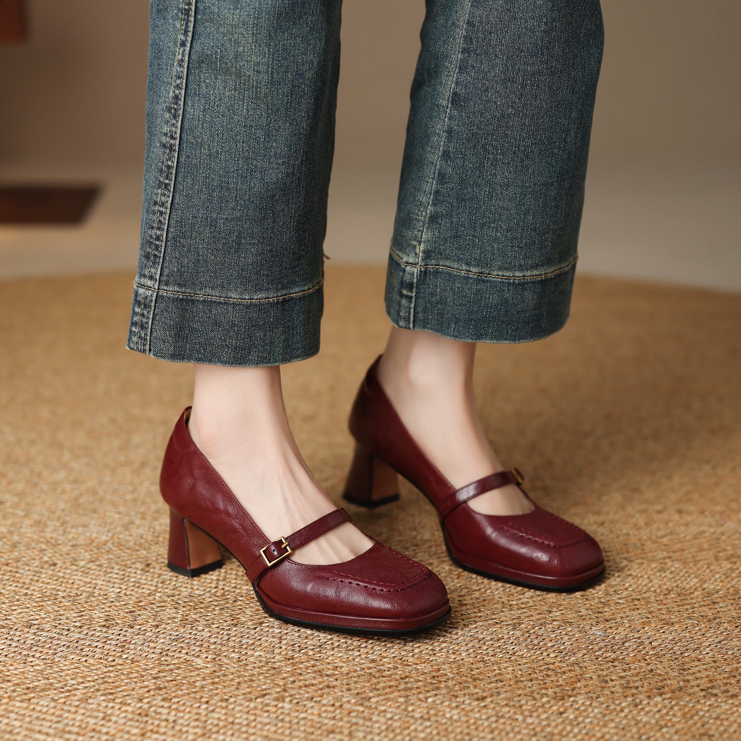 TinaCus Handmade Women's Genuine Leather Square Toe Mid Block Heel Mary Jane Shoes