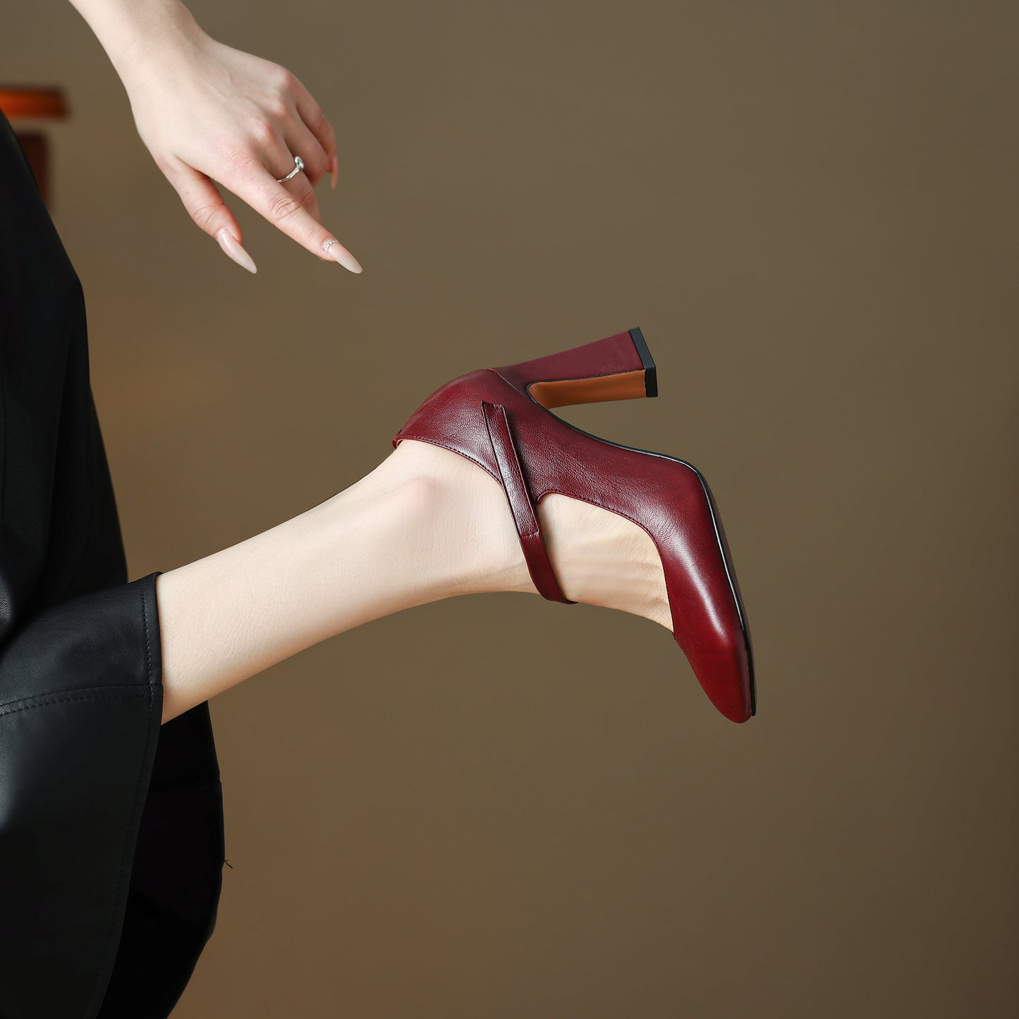 TinaCus Handmade Women's Genuine Leather Square Toe High Block Heel Slip On Mary Jane Pumps