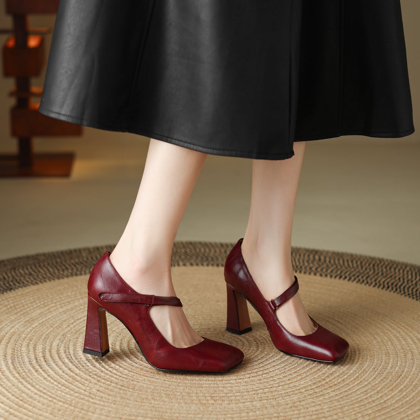 TinaCus Handmade Women's Genuine Leather Square Toe High Block Heel Slip On Mary Jane Pumps