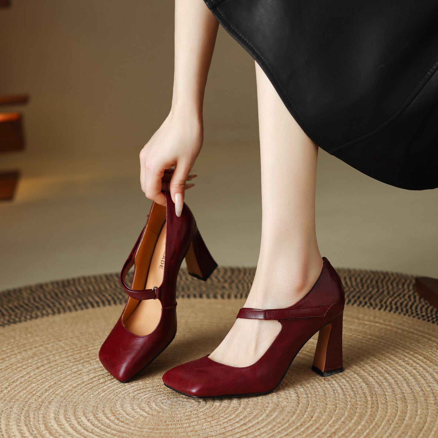 TinaCus Handmade Women's Genuine Leather Square Toe High Block Heel Slip On Mary Jane Pumps