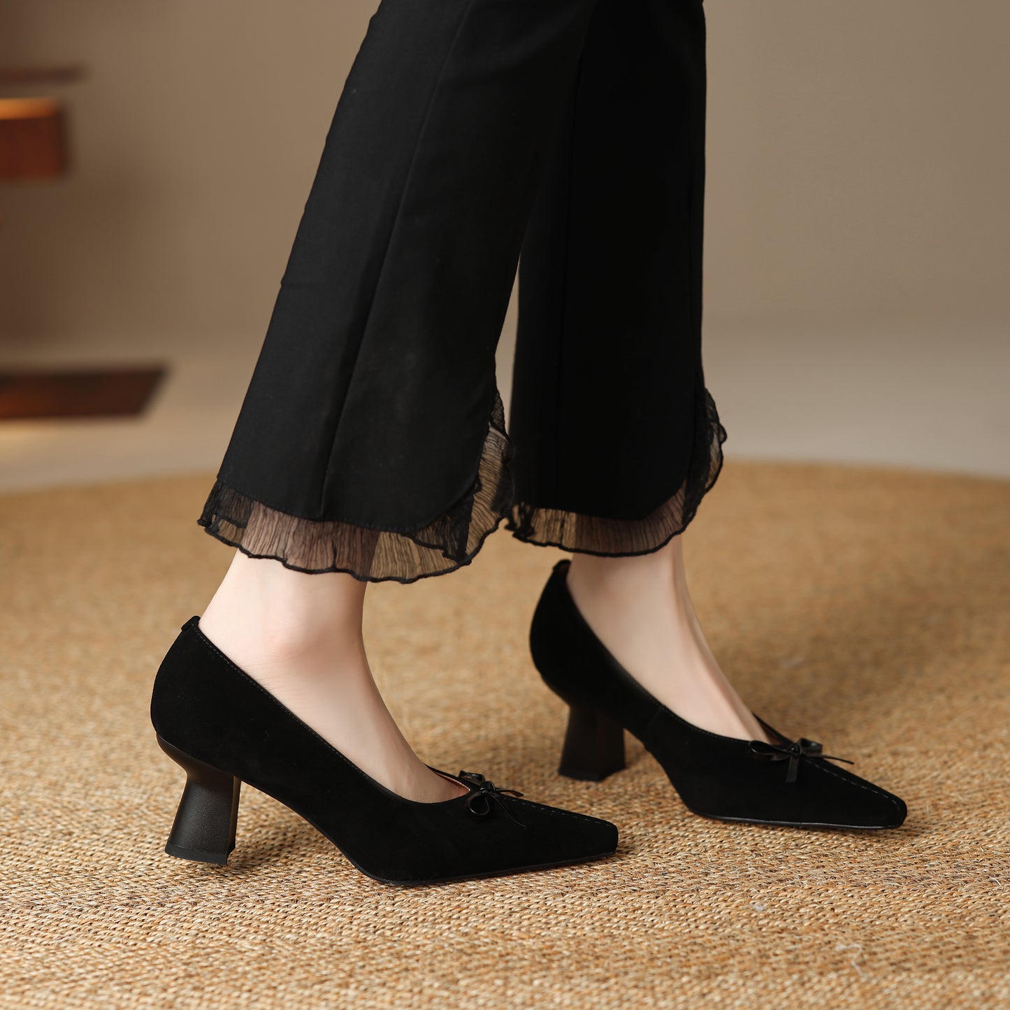 TinaCus Handmade Women's Suede Leather Pointed Toe Bowknot Slip on Chunky Heel Pumps Shoes