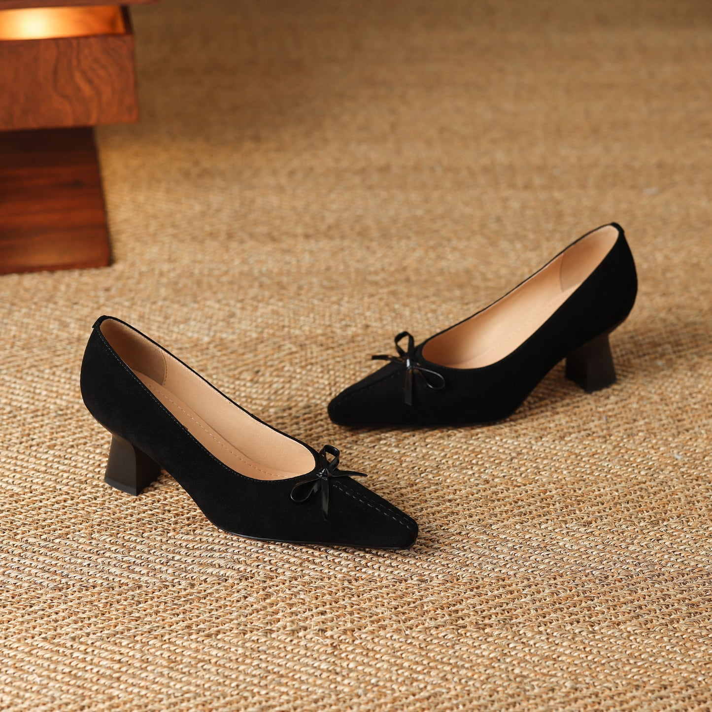 TinaCus Handmade Women's Suede Leather Pointed Toe Bowknot Slip on Chunky Heel Pumps Shoes