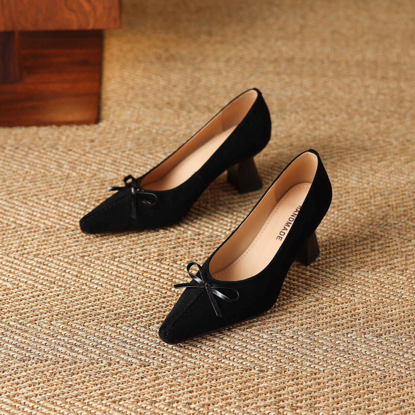 TinaCus Handmade Women's Suede Leather Pointed Toe Bowknot Slip on Chunky Heel Pumps Shoes