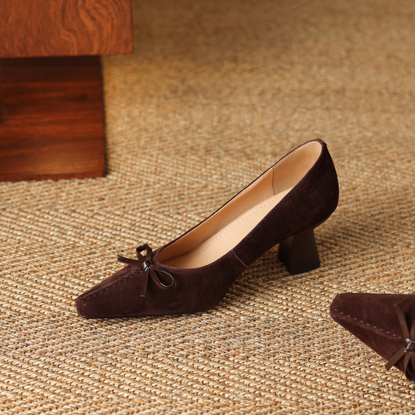 TinaCus Handmade Women's Suede Leather Pointed Toe Bowknot Slip on Chunky Heel Pumps Shoes