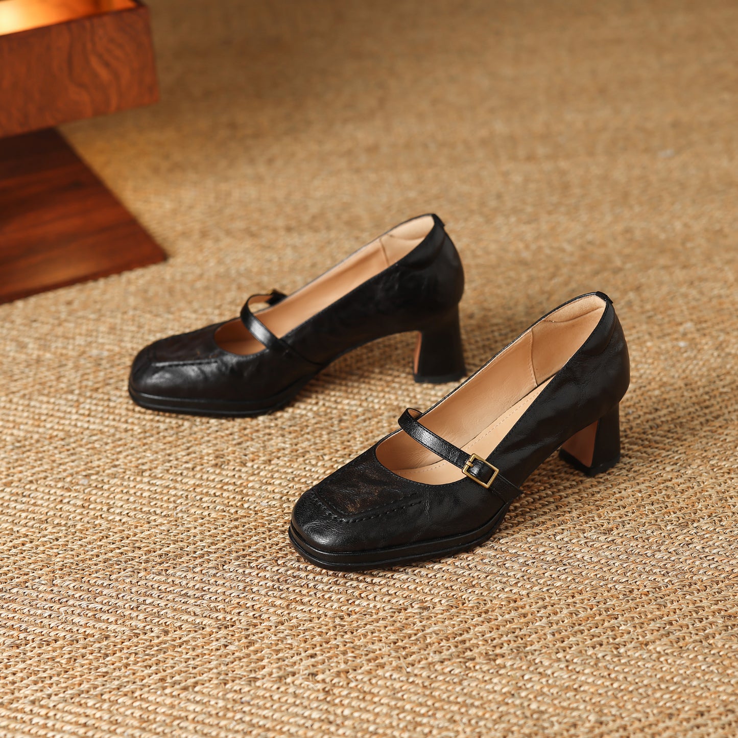 TinaCus Handmade Women's Genuine Leather Square Toe Mid Block Heel Mary Jane Shoes