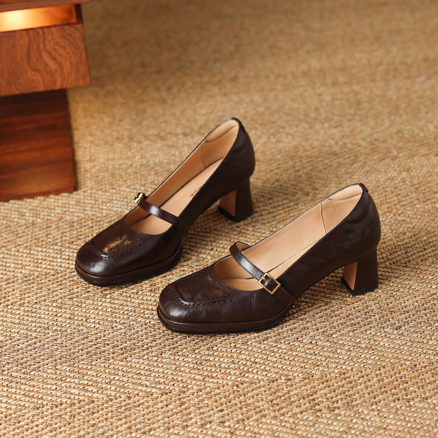 TinaCus Handmade Women's Genuine Leather Square Toe Mid Block Heel Mary Jane Shoes