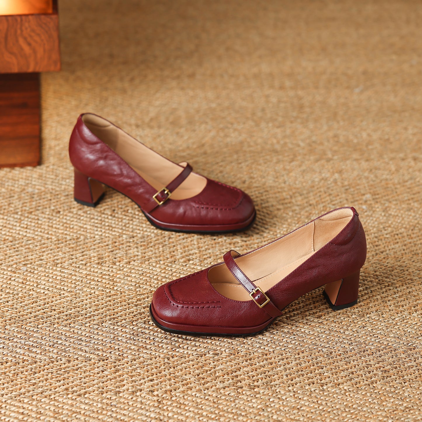 TinaCus Handmade Women's Genuine Leather Square Toe Mid Block Heel Mary Jane Shoes