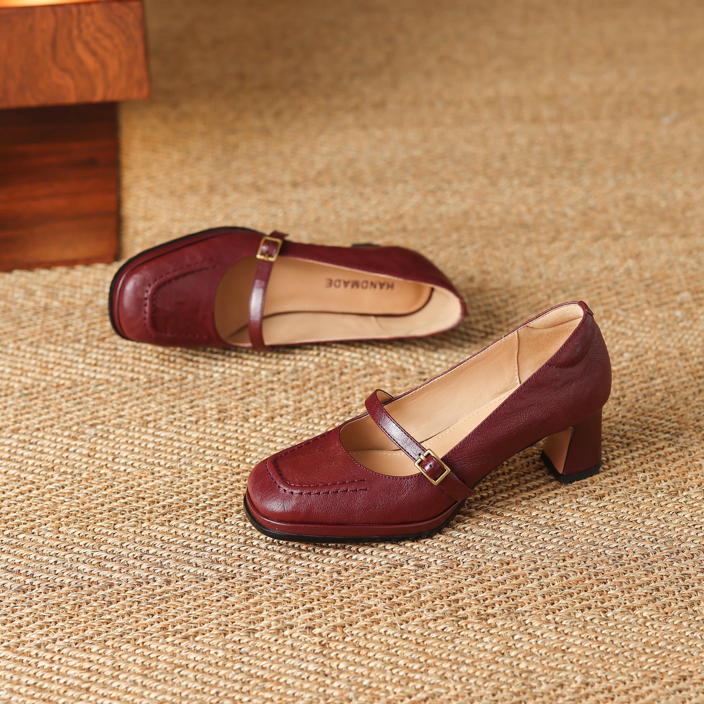 TinaCus Handmade Women's Genuine Leather Square Toe Mid Block Heel Mary Jane Shoes