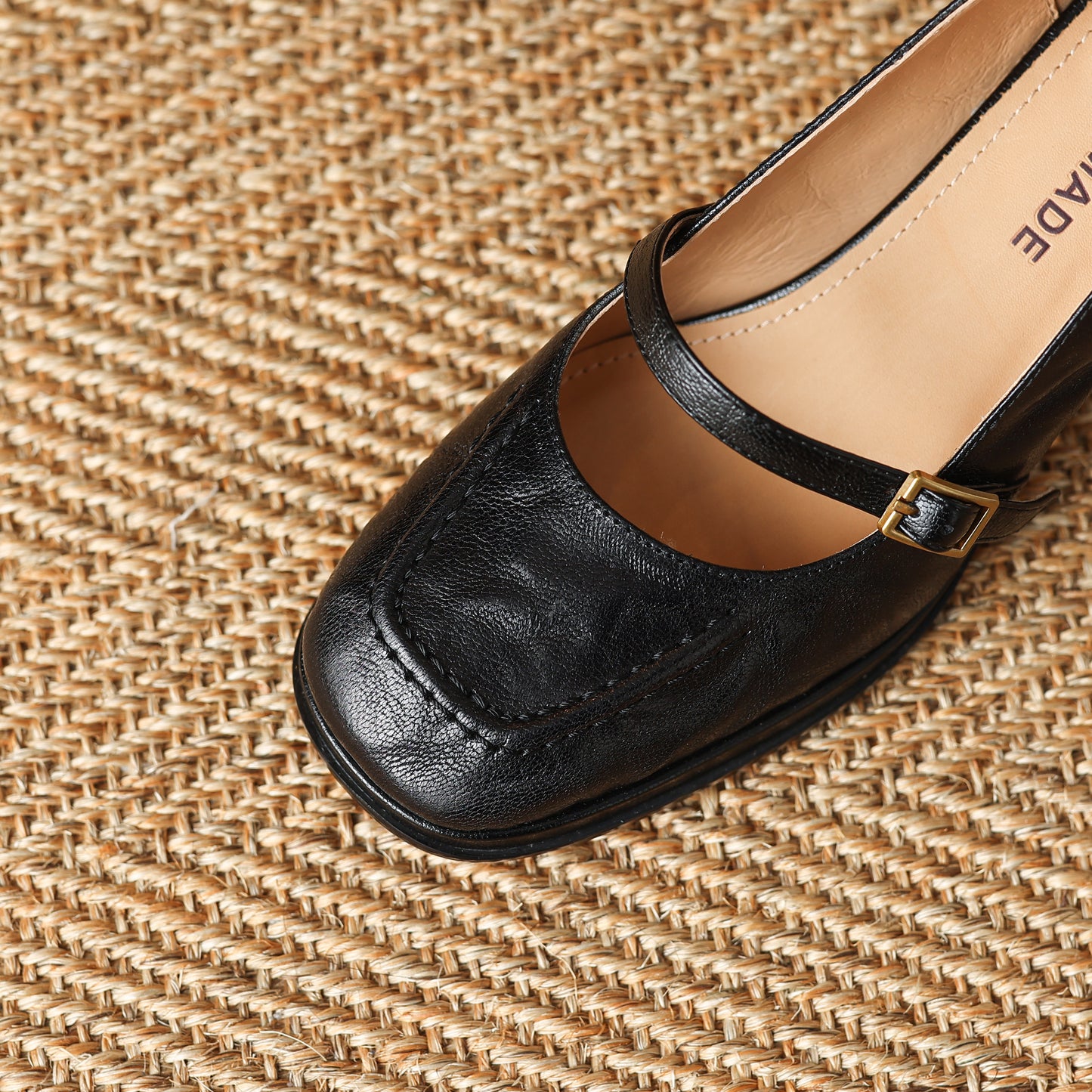 TinaCus Handmade Women's Genuine Leather Square Toe Mid Block Heel Mary Jane Shoes