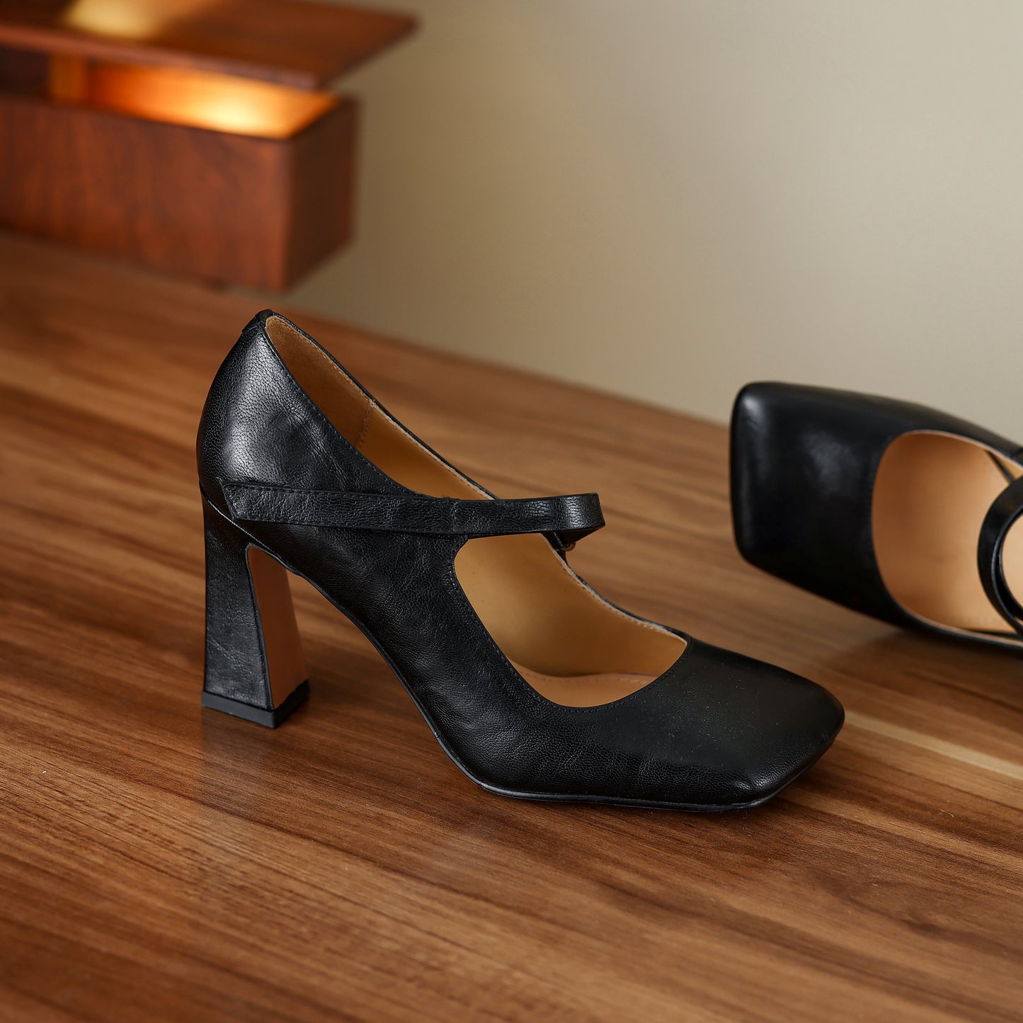 TinaCus Handmade Women's Genuine Leather Square Toe High Block Heel Slip On Mary Jane Pumps