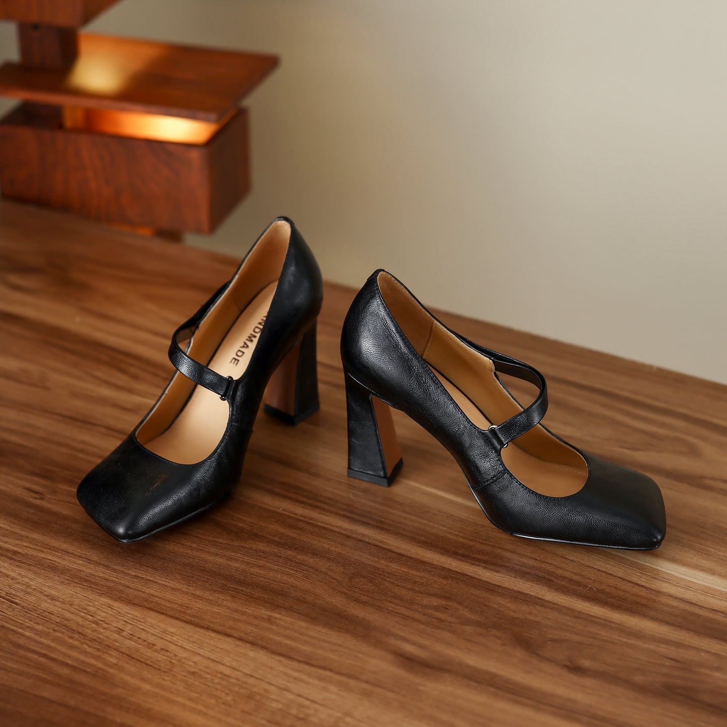 TinaCus Handmade Women's Genuine Leather Square Toe High Block Heel Slip On Mary Jane Pumps