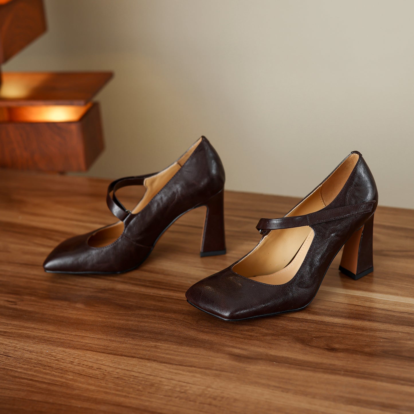 TinaCus Handmade Women's Genuine Leather Square Toe High Block Heel Slip On Mary Jane Pumps