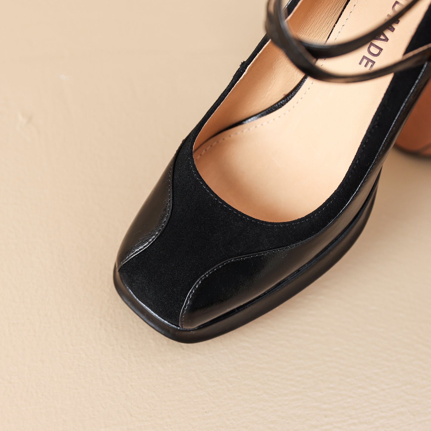 TinaCus Handmade Women's Genuine Leather Ankle Strap Patchwork Square Toe Pumps