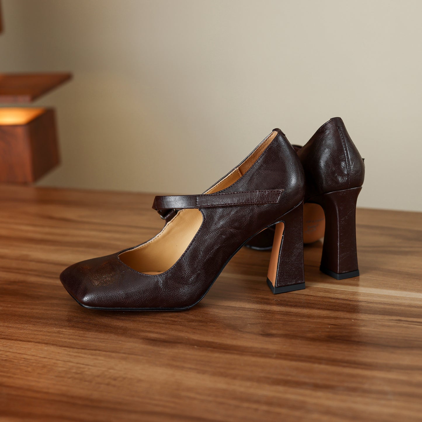 TinaCus Handmade Women's Genuine Leather Square Toe High Block Heel Slip On Mary Jane Pumps