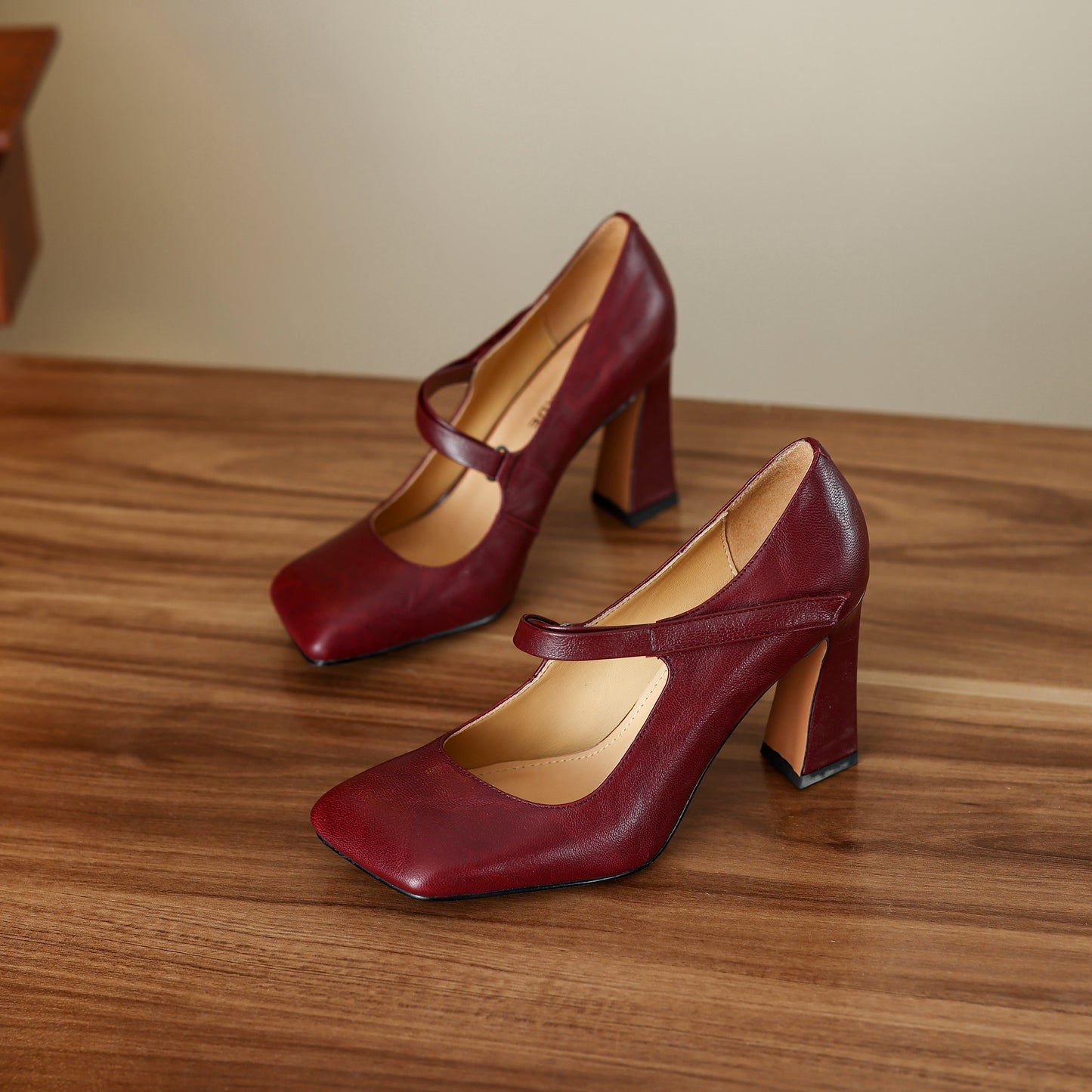 TinaCus Handmade Women's Genuine Leather Square Toe High Block Heel Slip On Mary Jane Pumps