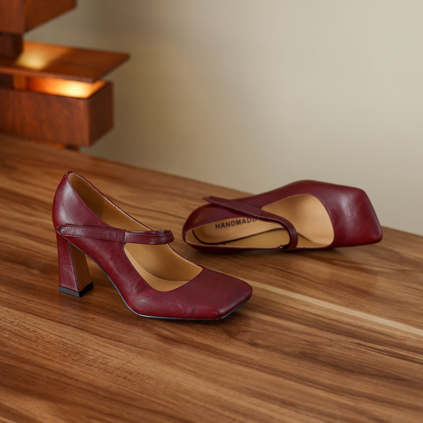 TinaCus Handmade Women's Genuine Leather Square Toe High Block Heel Slip On Mary Jane Pumps