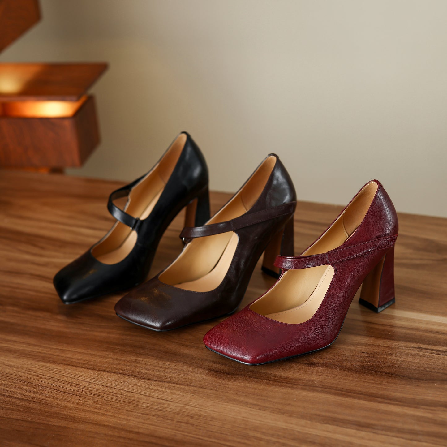 TinaCus Handmade Women's Genuine Leather Square Toe High Block Heel Slip On Mary Jane Pumps