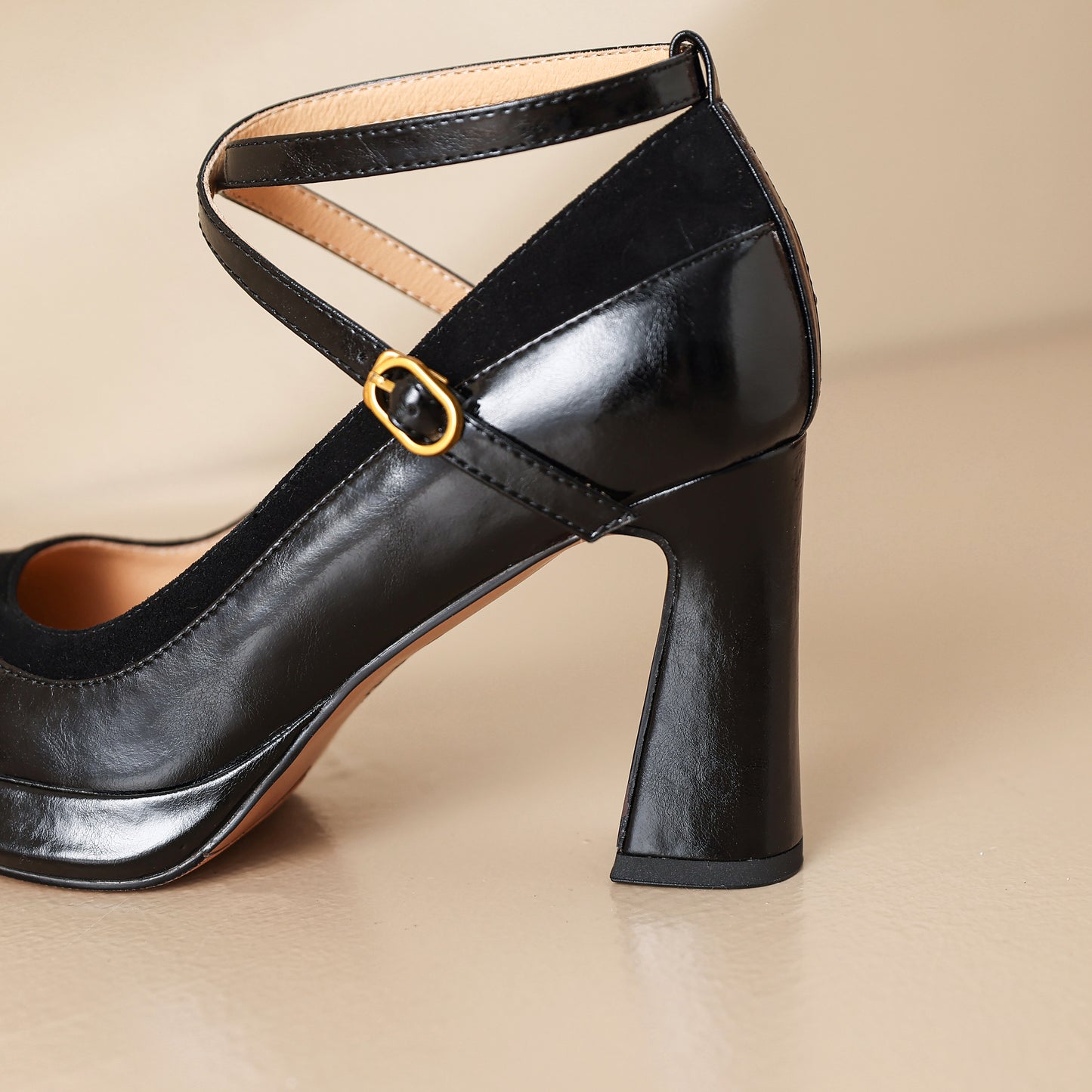 TinaCus Handmade Women's Genuine Leather Ankle Strap Patchwork Square Toe Pumps