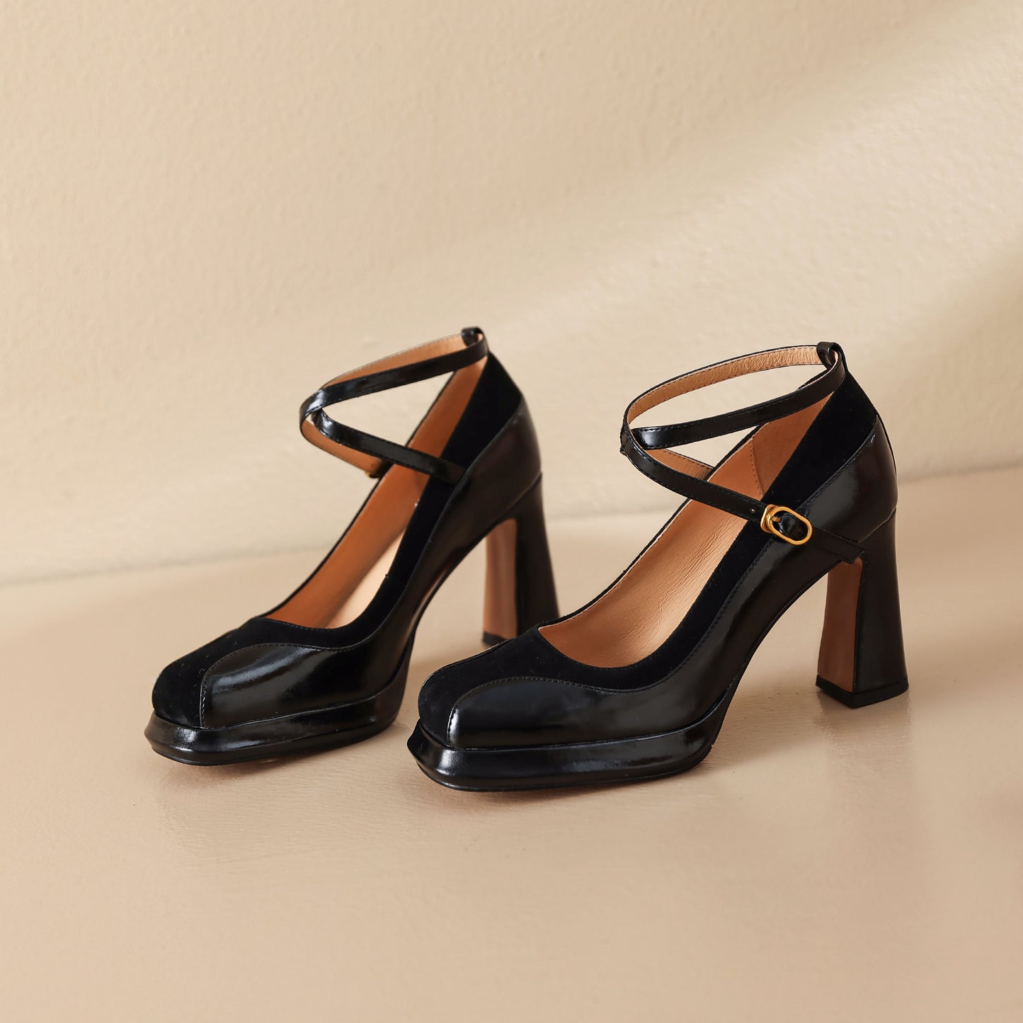 TinaCus Handmade Women's Genuine Leather Ankle Strap Patchwork Square Toe Pumps