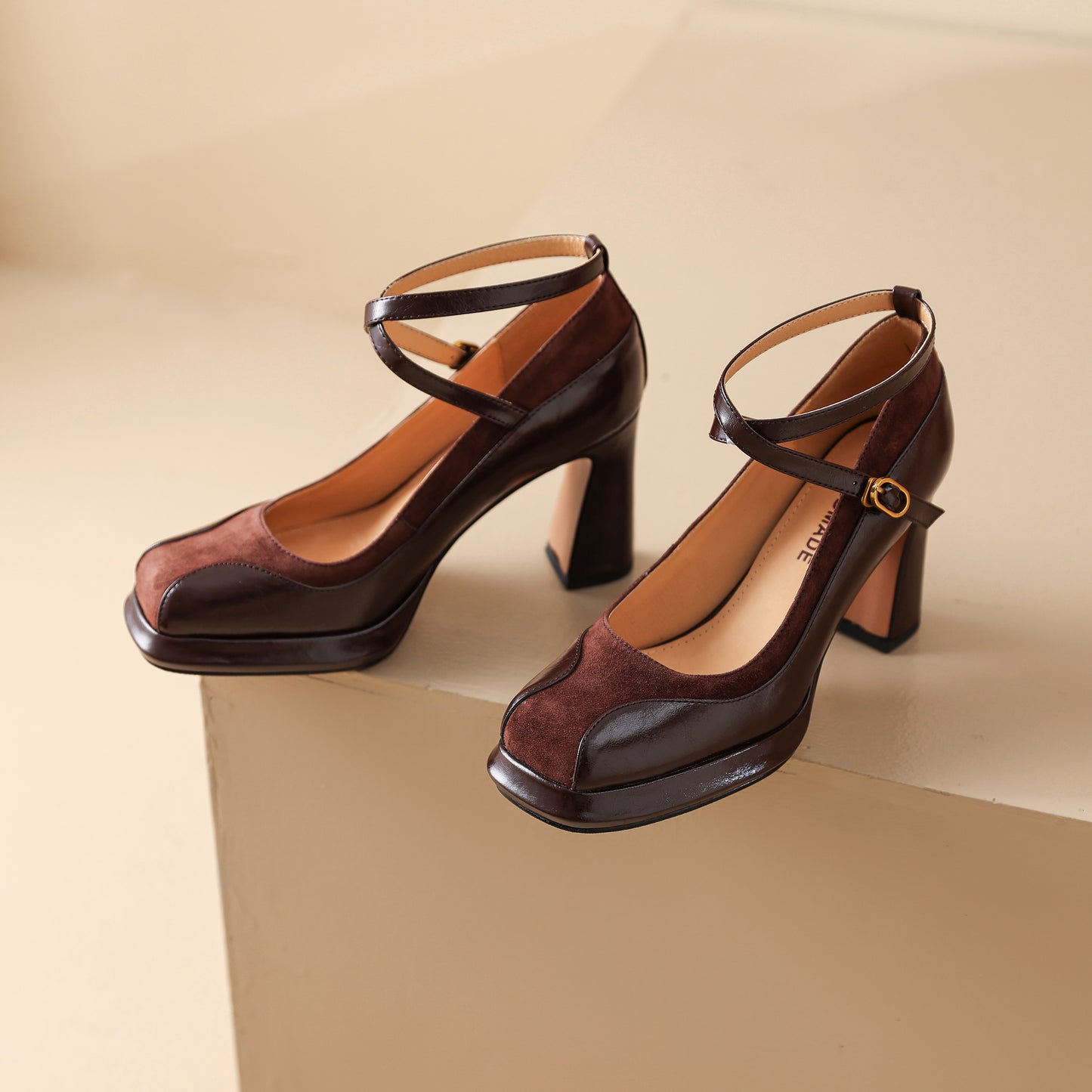 TinaCus Handmade Women's Genuine Leather Ankle Strap Patchwork Square Toe Pumps