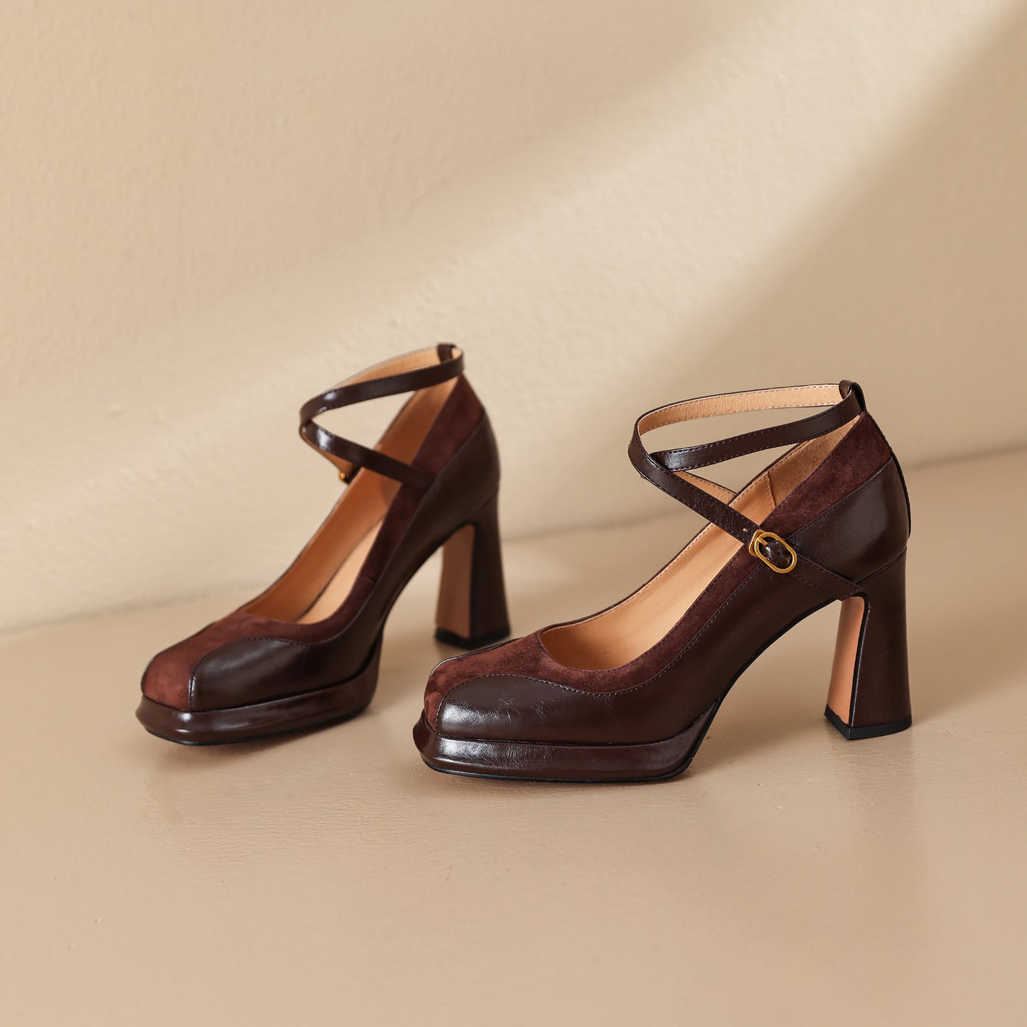 TinaCus Handmade Women's Genuine Leather Ankle Strap Patchwork Square Toe Pumps