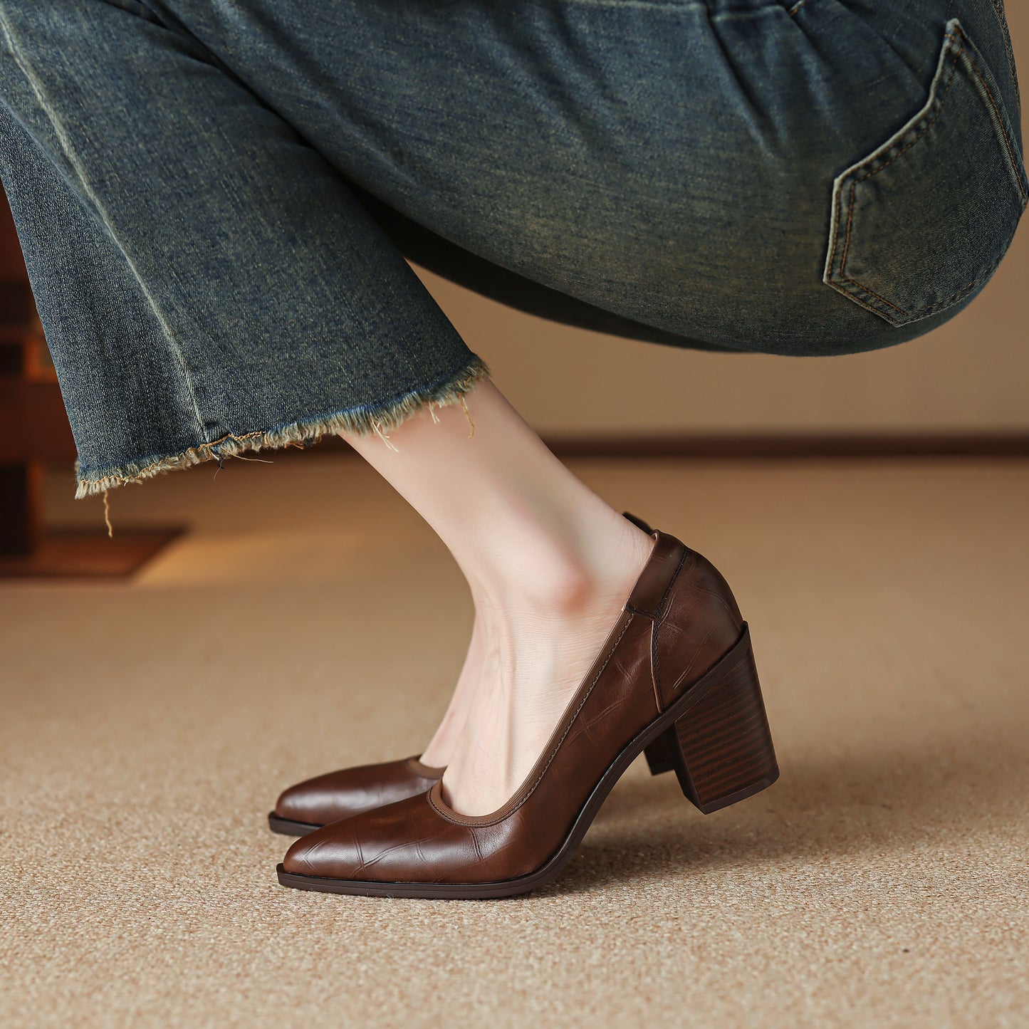 TinaCus Handmade Women's Genuine Leather Classic Pointed Toe Chunky Heel Pumps Shoes