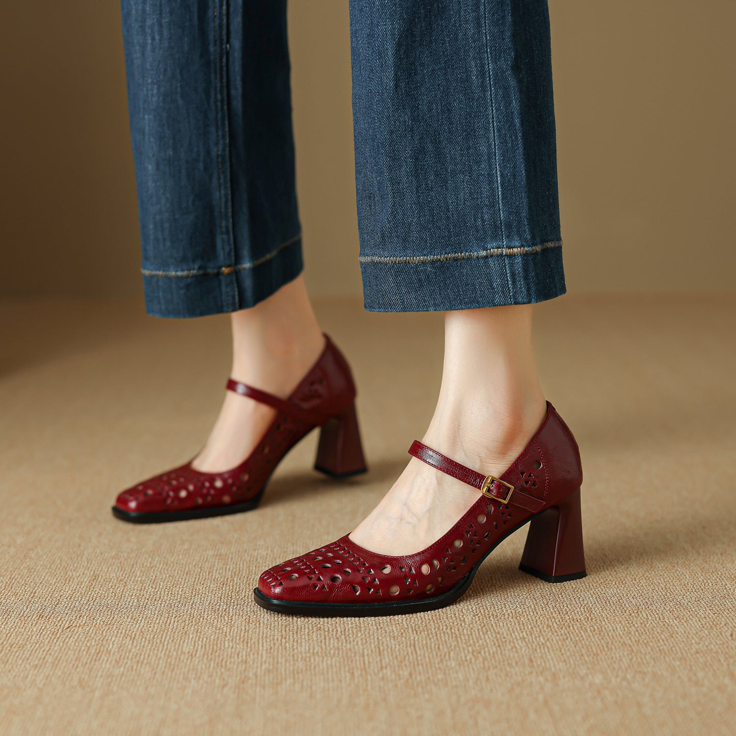 TinaCus Handmade Women's Genuine Leather Breathable Square Toe Mary Jane Pumps Shoes