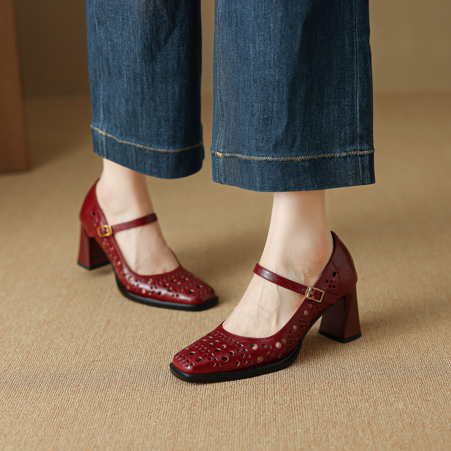 TinaCus Handmade Women's Genuine Leather Breathable Square Toe Mary Jane Pumps Shoes