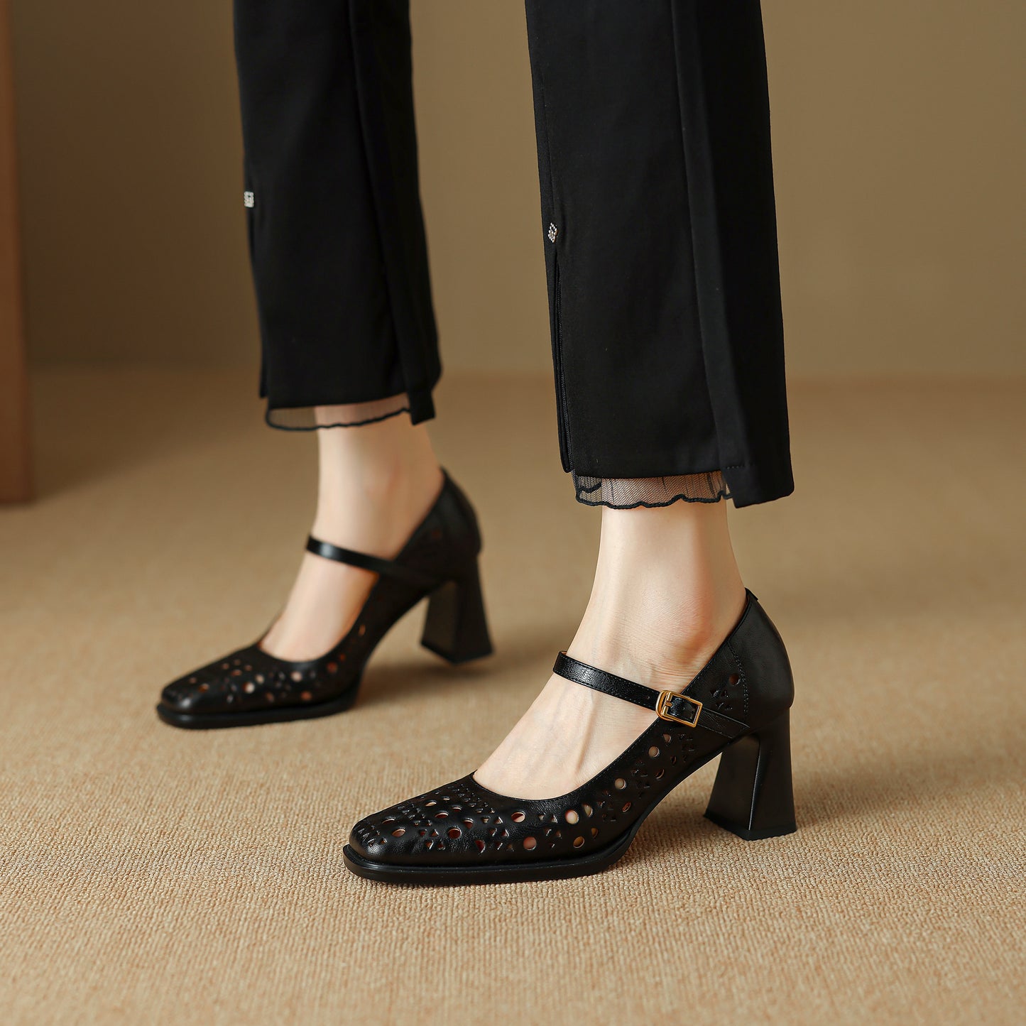 TinaCus Handmade Women's Genuine Leather Breathable Square Toe Mary Jane Pumps Shoes