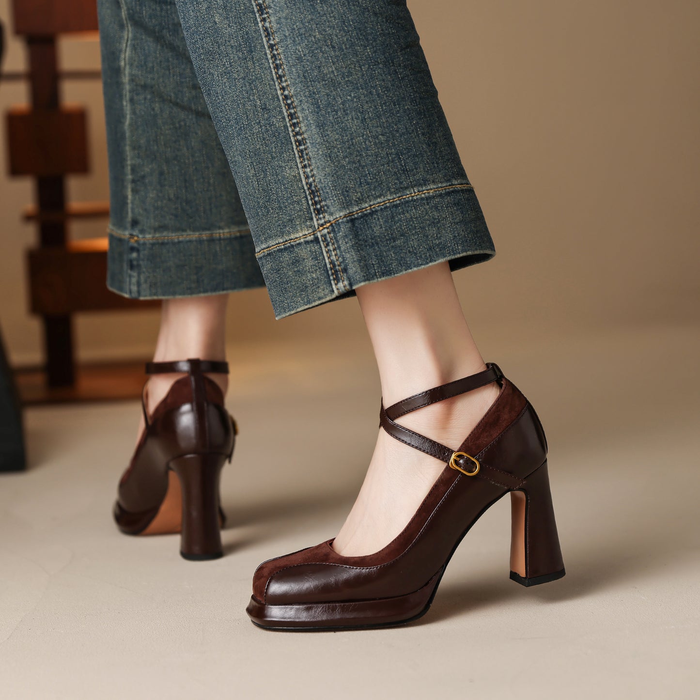 TinaCus Handmade Women's Genuine Leather Ankle Strap Patchwork Square Toe Pumps