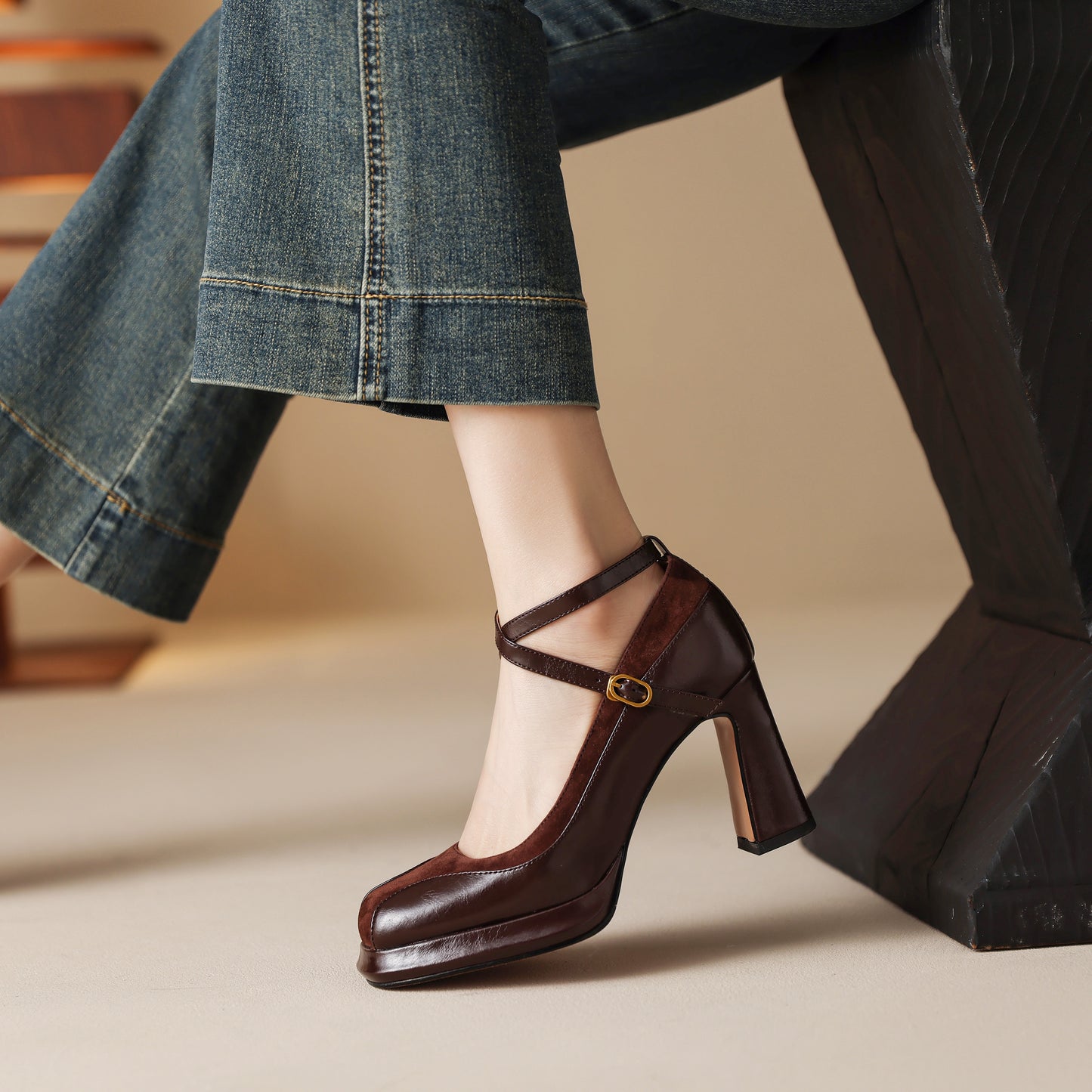 TinaCus Handmade Women's Genuine Leather Ankle Strap Patchwork Square Toe Pumps